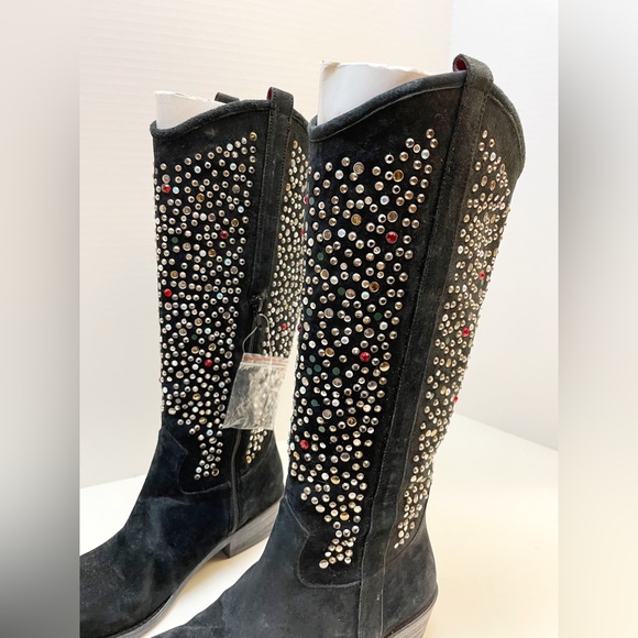 Beverly Feldman Western Boots Black Suede Leather Rhinestone Multi-Color Size 9 - Picture 5 of 14